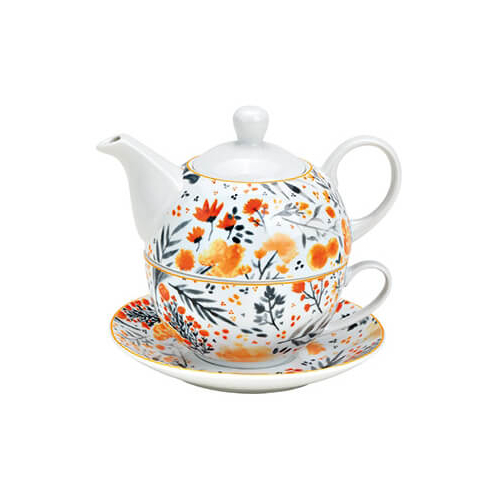 Teiera in porcellana con tazza e piattino, decorata con un vivace motivo floreale, ideale per eleganti momenti di tè.