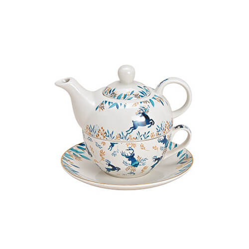 Set teiera con tazza e piattino in bianco, decorato con cervo, ideale per cerimonie del tè raffinate.