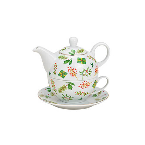 Teiera in porcellana con tazza e sottotazza coordinate, decorate con un motivo floreale natalizio, ideale per occasioni festive.