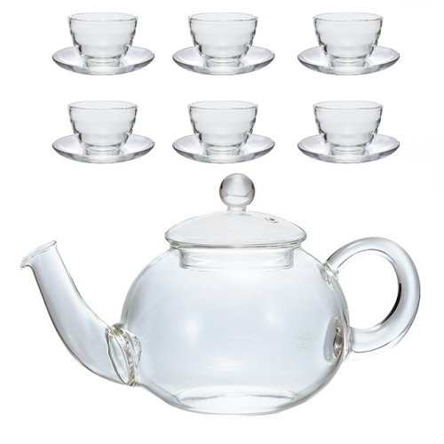 Set da tè Hario Claire con teiera in vetro e 6 bicchieri resistenti al calore con piattini – design moderno in vetro borosilicato.