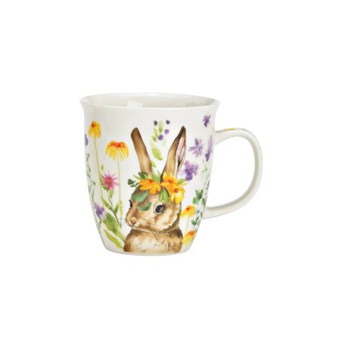 Porcelain mug Wiesenhase with sunny yellow flower crown on white background