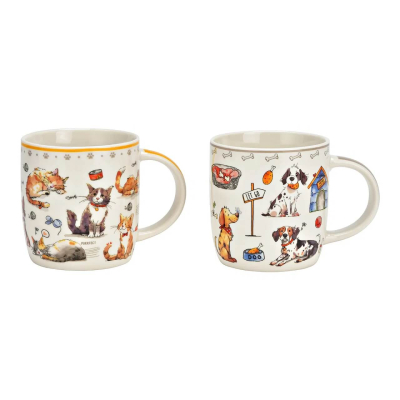Set tazze porcellana decoro gatto e cane dipinto multicolore 2 pezzi