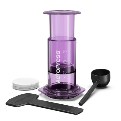 AeroPress Coffee Maker Clear Purple caffettiera completamente assemblata con accessori