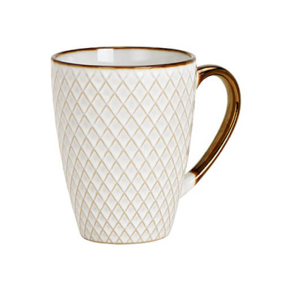 Tazza in gres elegante con motivo a rombi e manico dorato, 300ml – perfetta per il tuo caffè quotidiano o il tè.