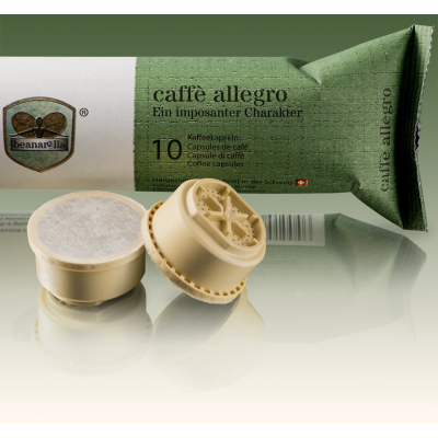 confezione beanarella caffè allegro con due capsule di caffè compostabili davanti alla confezione