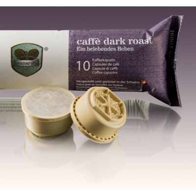 confezione beanarella caffè dark roast con due capsule di caffè compostabili davanti alla confezione