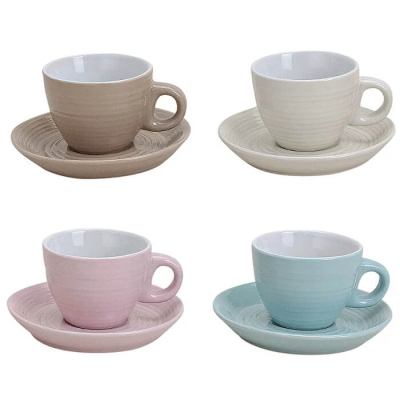 Set of four espresso cups with saucers made of porcelain in soft, solid tones – beige, cream, pink and light blue – each 5 cm tall, for a stylish espresso