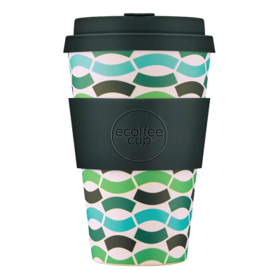 Ecoffee Cup Bloki Balentina 400 ml bicchiere da caffè in verde scuro con motivo geometrico ondulato in verde blu e bianco