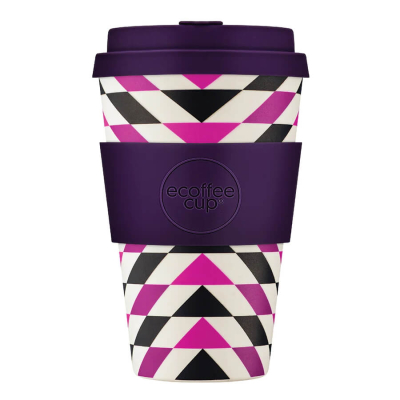 400ml Ecoffee Cup Fancy Wang mit geometrischem Muster in Schwarz, Weiss und Pink, für trendbewusste Kaffeetrinker, bei beanarella
