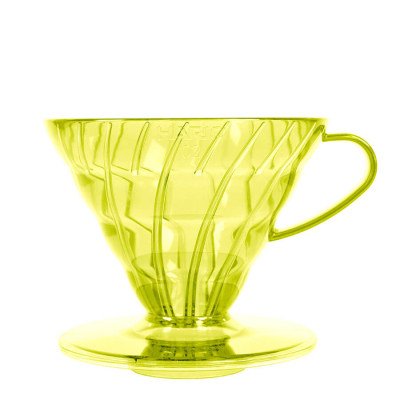 Porte-filtre Hario V60 dans l'Édition Candy Jaune Tournesol, en plastique, pour 1-4 tasses de café, avec un design spiral unique et une couleur éclatante.