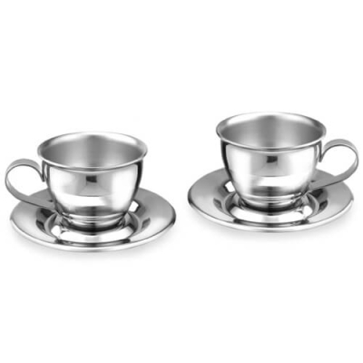 Deux Motta tasses à expresso avec sous de brillant acier inoxydable, présenté dans ensemble, idéal pour Moderne Kaffeeservice.