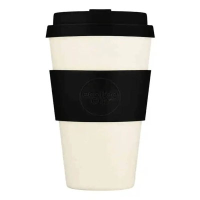 Ecoffee Cup Black Nature: Elegante bicchiere bianco-nero, 400ml – ideale per viaggi, lavabile in lavastoviglie e senza BPA, realizzato in PLA ecologico.