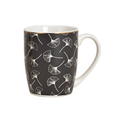 Tasse en porcelaine noire avec motif de feuille de Ginkgo élégant, capacité de 300ml, parfaite pour les amateurs de design raffiné.