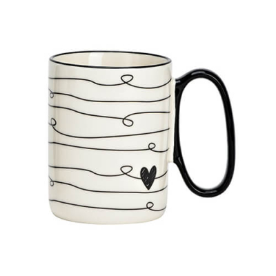 Tasse en porcelaine avec décor de cœur musical et anse noire, 360ml - parfaite pour les amateurs de musique et les romantiques.