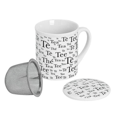 Porcelain tea mug with Tea Time inscription, infuser, and lid, 250ml – ideal for a stylish tea break.