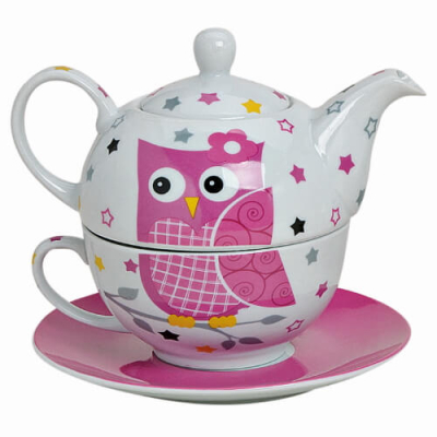 Teekanne Eule - mit Tasse und Untertasse - aus Porzellan - 3-teilig - rosa