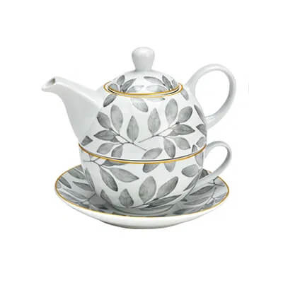 Elegantes Teekannen-Set aus Porzellan mit Blattmuster, inklusive Teekanne und Tasse auf einer Untertasse, ideal für den stilvollen Teegenuss.