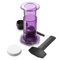 AeroPress Clear Purple accessories: transparent chamber, plunger, scoop, stirrer and paper filters