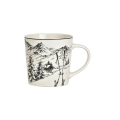 Porcelain mug Berghütte with winter landscape pattern in black and white with mountain cabin ski poles pine trees and alpine panorama in ink drawing style