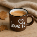 Tasse à espresso en céramique marron avec design ‘love it’, remplie d’un espresso crémeux – tasse décorative pour l’automne, les amateurs de café et une table élégante