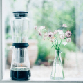 Slow Drip Brewer HARIO SHIZUKU de 600 ml, présenté sur un rebord de fenêtre à côté d'un vase de fleurs.


