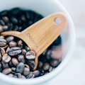 Hario V60 Messlöffel 12g Holz mit Kaffeebohnen auf Holzunterlage