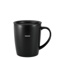 Hario heat retention mug with lid 300 ml black front view with Hario logo