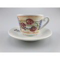 Liberty coffee cup in cream with rose pattern and blue accents, presented on a saucer, reflecting a touch of vintage charm.