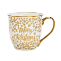 Grande tasse Jumbo avec une capacité de 560ml. Poignée dorée avec inscription dorée Merry Christmas et flocons de neige dorés.

