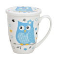 Tasse à thé avec motif chouette, couvercle et filtre en métal, en porcelaine, 300ml, bleu, idéal pour une dégustation de thé élégante.