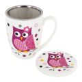 Tasse à thé rose avec motif hibou, couvercle et infuseur en porcelaine, 300ml – parfaite pour votre pause thé détendue.


