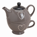 Teekanne Herz Dekoration - mit Tasse - aus Porzellan - 2-teilig - dunkelbeige
