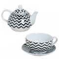 Teekanne Retro - mit Tasse und Untertasse - aus Porzellan - 3-teilig - Muster gezackt