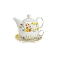 Ensemble à thé en porcelaine avec charmant décor de lapin, comprenant une théière, une tasse et une soucoupe, idéal pour des cérémonies de thé élégantes.
