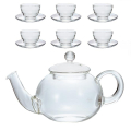 Service à thé Hario Claire avec théière en verre et 6 verres résistants à la chaleur avec soucoupes – ensemble moderne en verre borosilicaté.



