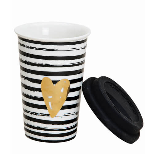 Becher to go - Herz Motiv - gestreift - aus Porzellan