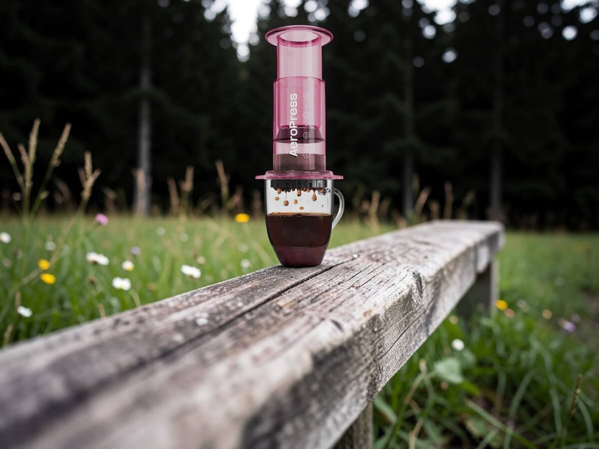 AeroPress Coffee Maker Clear Pink en préparation de café sur banc en bois dans prairie alpine suisse avec forêt de conifères en arrière plan