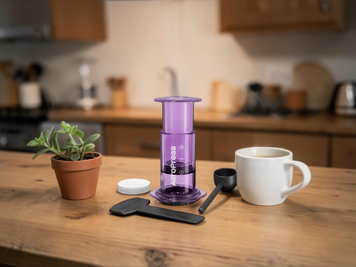AeroPress Coffee Maker Clear Purple with accessories on wooden table in kitchen next to coffee cup