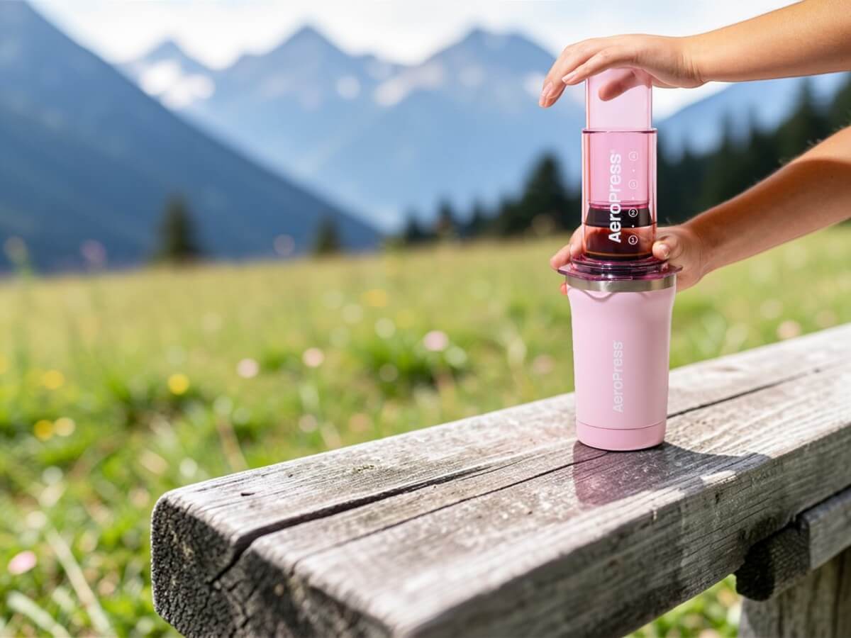 AeroPress Go Plus Travel System pink 15PLPK05 brewing coffee on wooden bench in the Swiss Alps with mountain landscape in background
