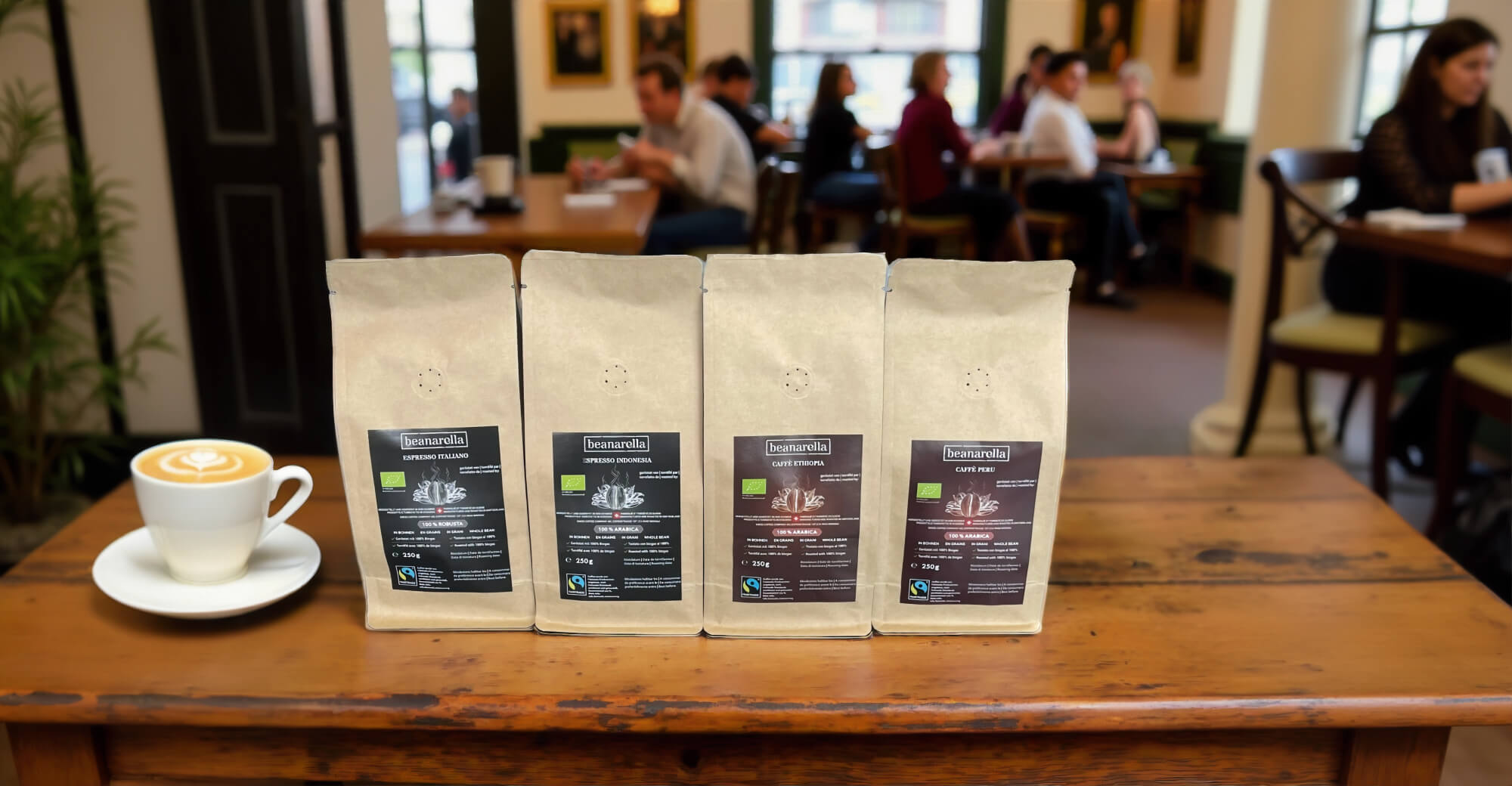 beanarella Probierset Bohnen – vier Sorten Bio‑Kaffee, 4 × 250 g