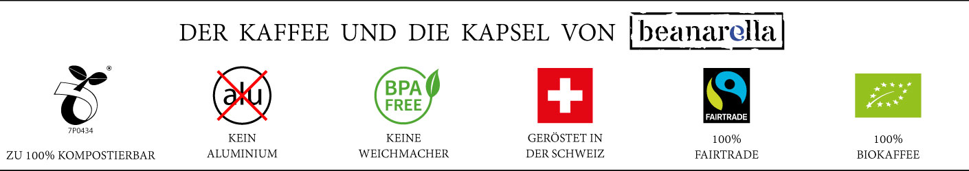 beanarella Kaffeekapseln – 100% kompostierbar; aluminiumfrei; BPA‑frei; weichmacherfrei; Röstung in der Schweiz; Fairtrade; Bio.