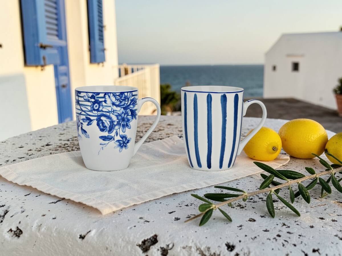 Two porcelain mugs Blaue Stunde with floral pattern and stripes on linen cloth on Mediterranean stone terrace with lemons olive branch and sea view at sunset