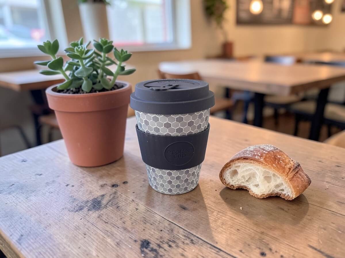 Ecoffee Cup bicchiere coffee to go 350ml Fermis Paradox in grigio scuro con motivo geometrico cubico su tavolo in legno rustico con succulenta in vaso di terracotta e croissant in caffetteria accogliente con calda luce naturale