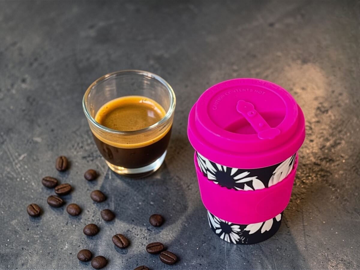 Ecoffee Cup Inflorescence 350ml in rosa con motivo floreale bianco e nero su superficie in cemento scuro accanto a espresso in bicchiere doppia parete con crema e chicchi di caffè sparsi