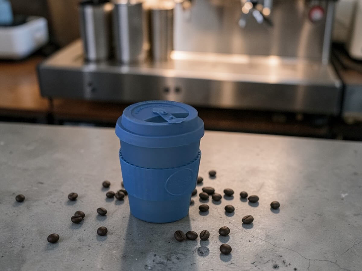 Ecoffee Cup bicchiere da caffè sostenibile 240ml Dark Energy in blu su bancone in cemento con chicchi di caffè sparsi e macchina espresso professionale in acciaio inossidabile sullo sfondo in caffetteria