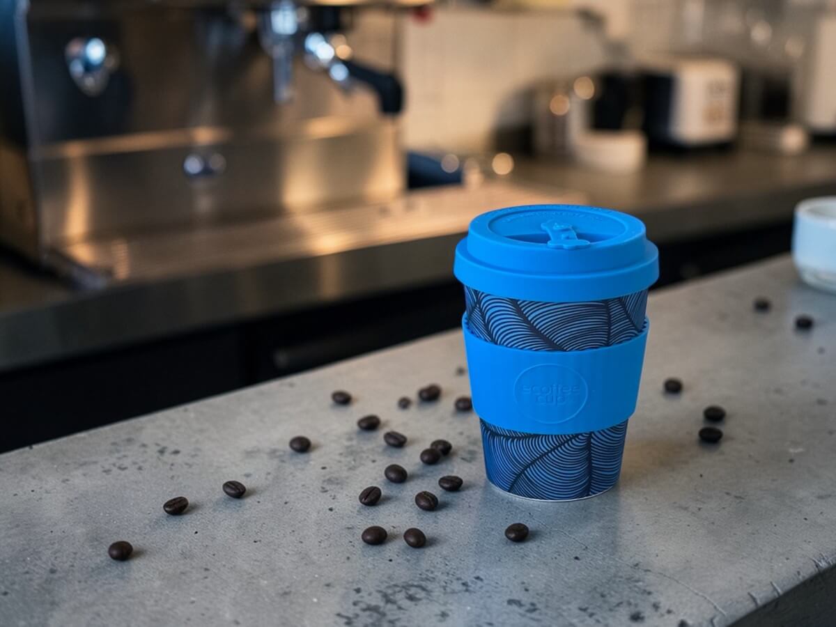 Ecoffee Cup bicchiere da caffè sostenibile 350ml Dotonbori in blu con motivo ondulato su bancone in cemento con chicchi di caffè sparsi e macchina espresso professionale in acciaio inossidabile sullo sfondo
