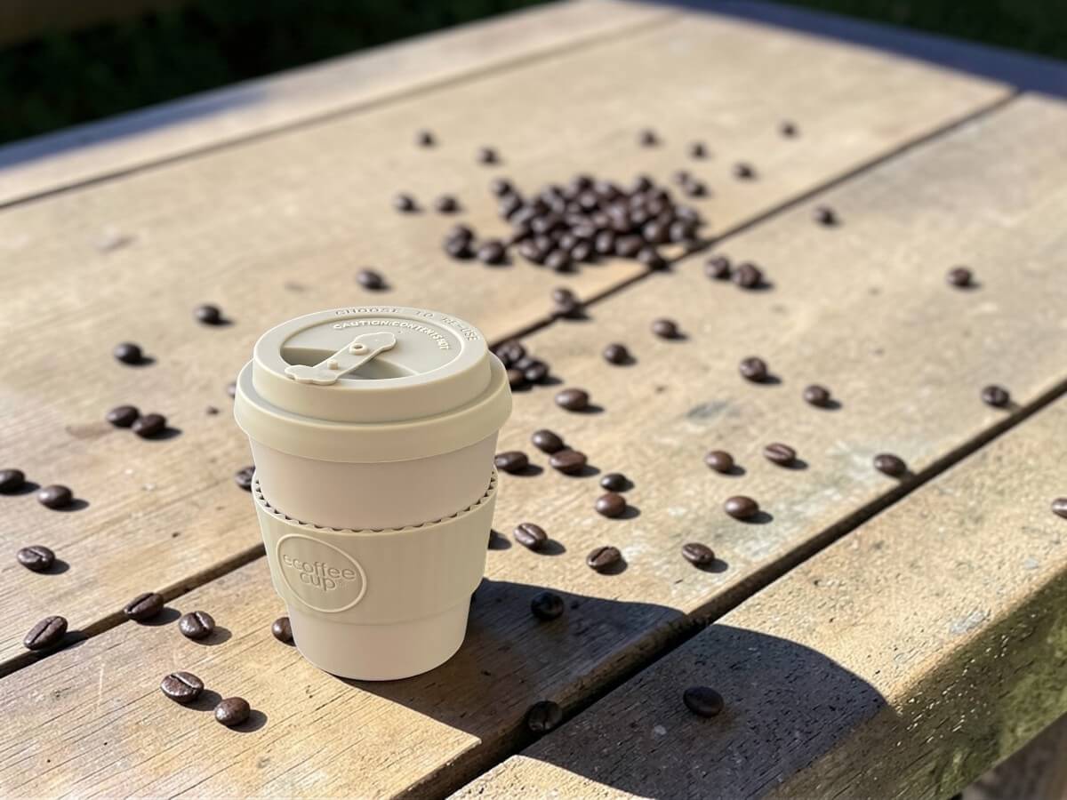 Ecoffee Cup bicchiere da caffè sostenibile 350ml Molto Grigio su panchina da giardino in legno con chicchi di caffè sparsi alla luce del sole all'aperto