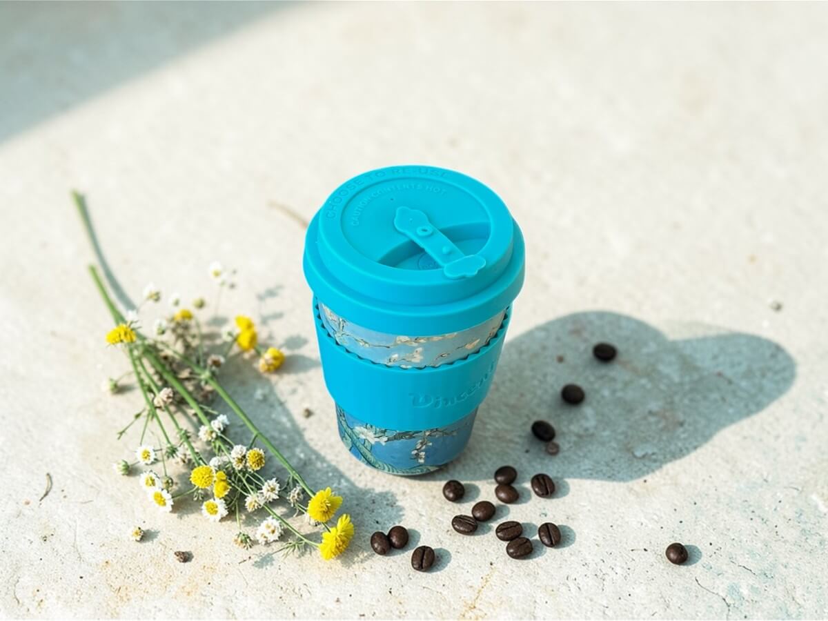 Ecoffee Cup nachhaltiger Kaffeebecher 350ml VGM Almond Blossom in Türkis mit Mandelblüten-Motiv und Vincent-Schriftzug auf heller Betonoberfläche neben Kamillenblüten und Kaffeebohnen im Sonnenlicht mit Schattenwurf