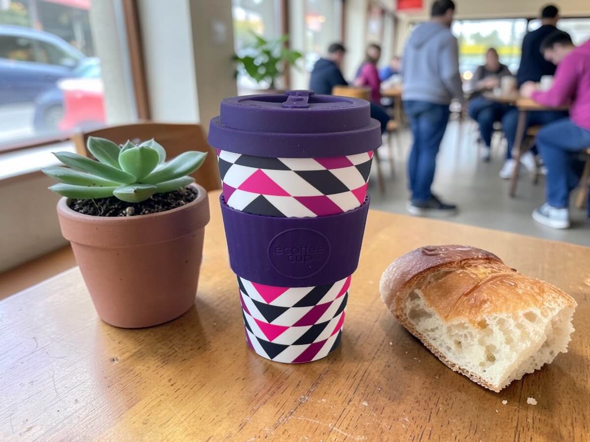 Ecoffee Cup sustainable coffee cup 400ml Fancy Wang in purple with geometric triangle pattern in pink black and white on wooden café table next to succulent in terracotta pot and croissant with guests in background