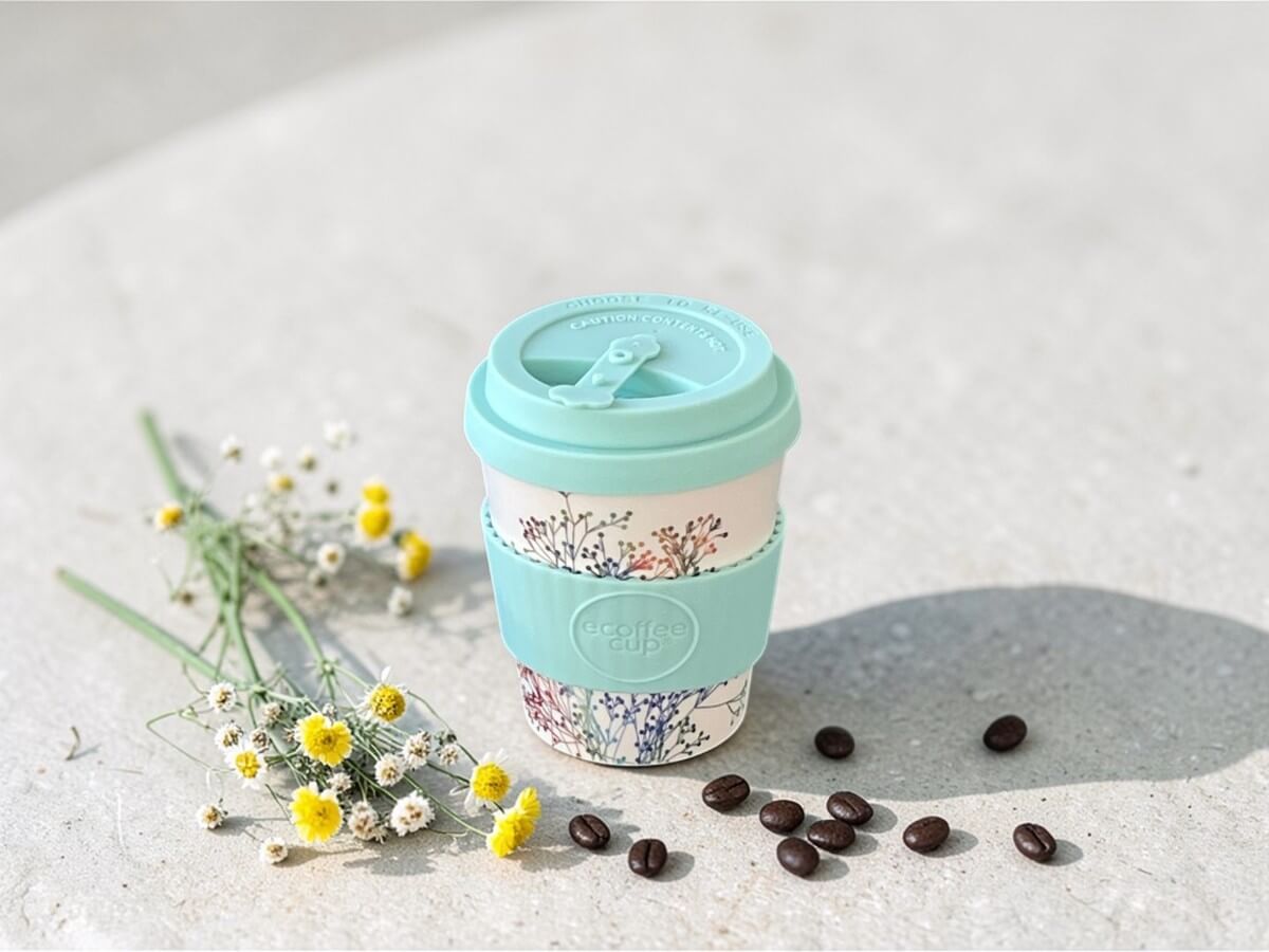 Ecoffee Cup bicchiere to go sostenibile 240ml Little Canning in verde menta con motivo a rametti colorati su superficie in cemento chiaro accanto a fiori di camomilla e chicchi di caffè alla luce del sole con ombre